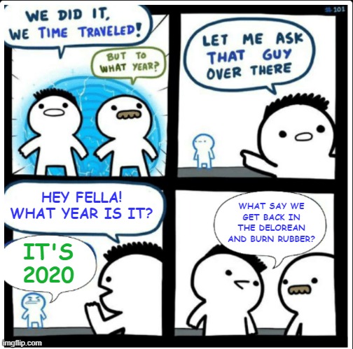 That's a big helping of NOPE! | WHAT SAY WE GET BACK IN THE DELOREAN AND BURN RUBBER? HEY FELLA! WHAT YEAR IS IT? IT'S 2020 | image tagged in time travel,memes,2020,coronavirus | made w/ Imgflip meme maker