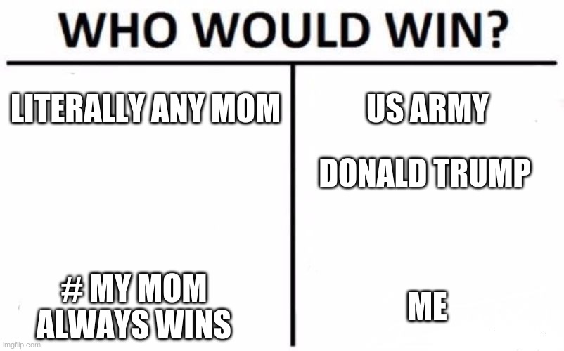 Who Would Win? | LITERALLY ANY MOM; US ARMY; DONALD TRUMP; ME; # MY MOM ALWAYS WINS | image tagged in memes,who would win | made w/ Imgflip meme maker