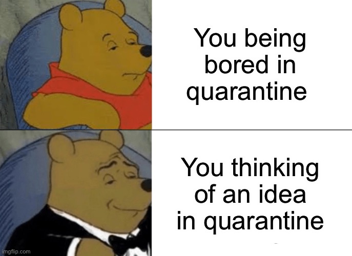 Tuxedo Winnie The Pooh Meme | You being bored in quarantine; You thinking of an idea in quarantine | image tagged in memes,tuxedo winnie the pooh | made w/ Imgflip meme maker