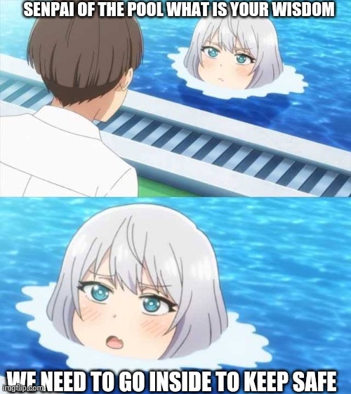 Senpai Of The Pool | SENPAI OF THE POOL WHAT IS YOUR WISDOM; WE NEED TO GO INSIDE TO KEEP SAFE | image tagged in senpai of the pool | made w/ Imgflip meme maker