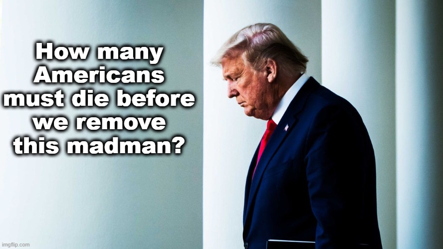 How many Americans must die? | How many Americans must die before we remove this madman? | image tagged in trump,remove,coronavirus,death | made w/ Imgflip meme maker