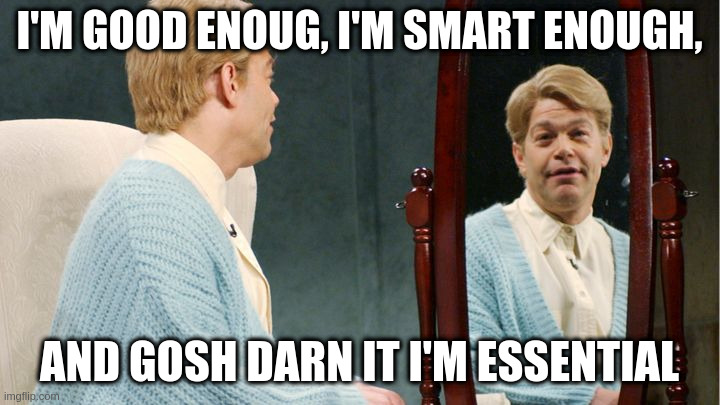 Stuart Smalley | I'M GOOD ENOUG, I'M SMART ENOUGH, AND GOSH DARN IT I'M ESSENTIAL | image tagged in stuart smalley | made w/ Imgflip meme maker