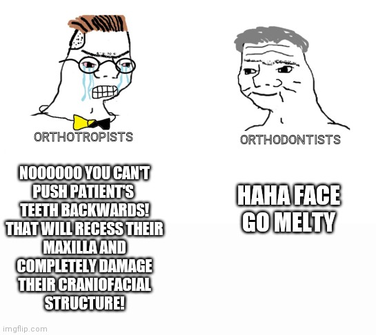 noooo you can't just | ORTHODONTISTS; ORTHOTROPISTS; HAHA FACE GO MELTY; NOOOOOO YOU CAN'T
PUSH PATIENT'S 
TEETH BACKWARDS!
THAT WILL RECESS THEIR
MAXILLA AND
COMPLETELY DAMAGE
THEIR CRANIOFACIAL
STRUCTURE! | image tagged in noooo you can't just | made w/ Imgflip meme maker