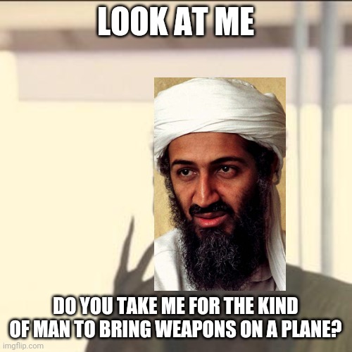 Look At Me Meme | LOOK AT ME; DO YOU TAKE ME FOR THE KIND OF MAN TO BRING WEAPONS ON A PLANE? | image tagged in memes,look at me | made w/ Imgflip meme maker