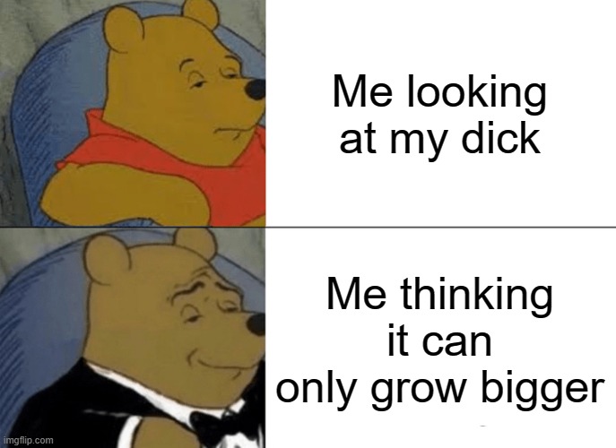 Tuxedo Winnie The Pooh Meme | Me looking at my dick; Me thinking it can only grow bigger | image tagged in memes,tuxedo winnie the pooh | made w/ Imgflip meme maker