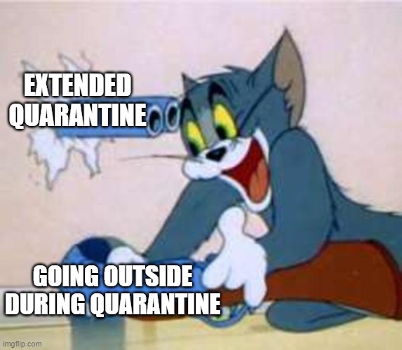 tom the cat shooting himself  | EXTENDED QUARANTINE; GOING OUTSIDE DURING QUARANTINE | image tagged in tom the cat shooting himself | made w/ Imgflip meme maker
