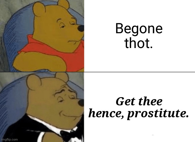 Tuxedo Winnie The Pooh Meme | Begone thot. Get thee hence, prostitute. | image tagged in memes,tuxedo winnie the pooh | made w/ Imgflip meme maker