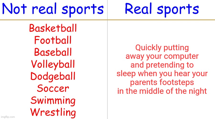 Real sports | Quickly putting away your computer and pretending to sleep when you hear your parents footsteps in the middle of the night | image tagged in real sports | made w/ Imgflip meme maker