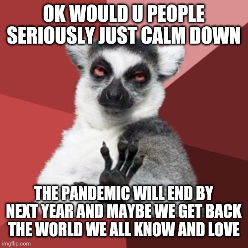Chill Out Lemur Meme | OK WOULD U PEOPLE SERIOUSLY JUST CALM DOWN; THE PANDEMIC WILL END BY NEXT YEAR AND MAYBE WE GET BACK THE WORLD WE ALL KNOW AND LOVE | image tagged in memes,chill out lemur,coronavirus | made w/ Imgflip meme maker