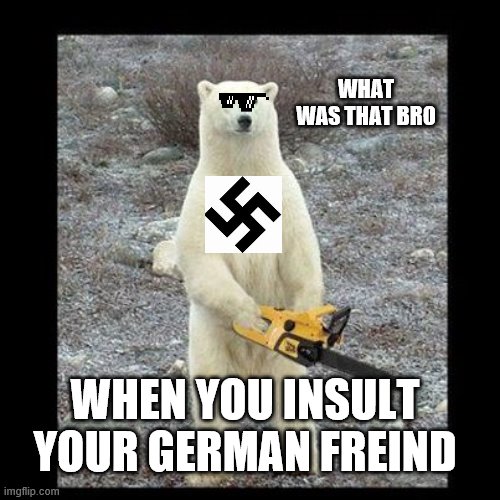 Chainsaw Bear Meme | WHAT WAS THAT BRO; WHEN YOU INSULT YOUR GERMAN FREIND | image tagged in memes,chainsaw bear | made w/ Imgflip meme maker