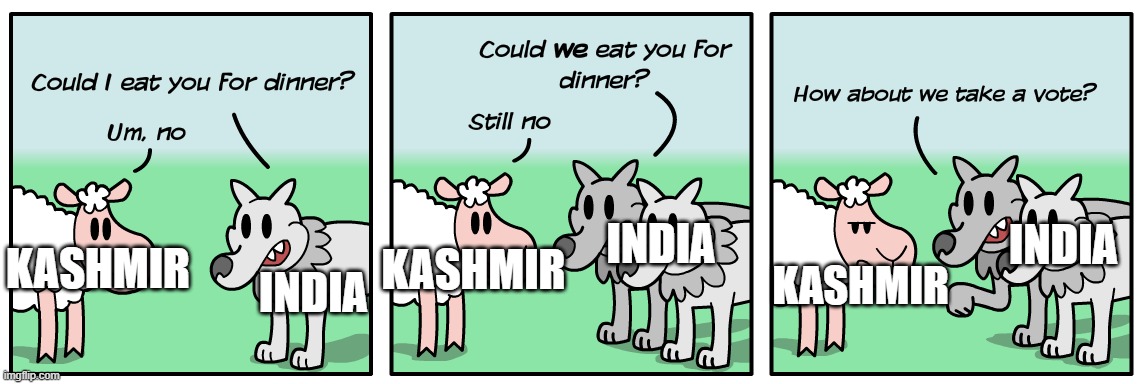 INDIA; INDIA; KASHMIR; KASHMIR; KASHMIR; INDIA | image tagged in pakistan,democracy,tyranny | made w/ Imgflip meme maker