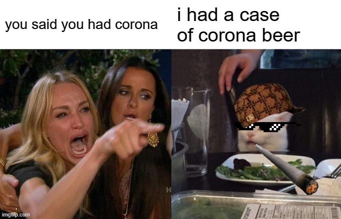 Woman Yelling At Cat Meme | you said you had corona; i had a case of corona beer | image tagged in memes,woman yelling at cat | made w/ Imgflip meme maker