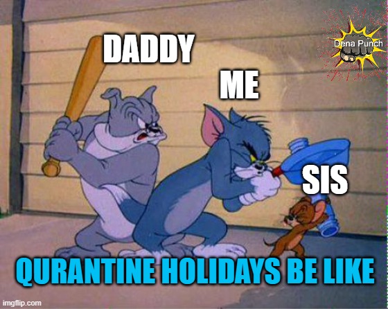 Tom and Jerry 3 way brawl | DADDY; ME; SIS; QURANTINE HOLIDAYS BE LIKE | image tagged in tom and jerry 3 way brawl | made w/ Imgflip meme maker