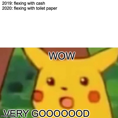 Surprised Pikachu Meme | 2019: flexing with cash
2020: flexing with toilet paper; WOW; VERY GOOOOOOD | image tagged in memes,surprised pikachu | made w/ Imgflip meme maker