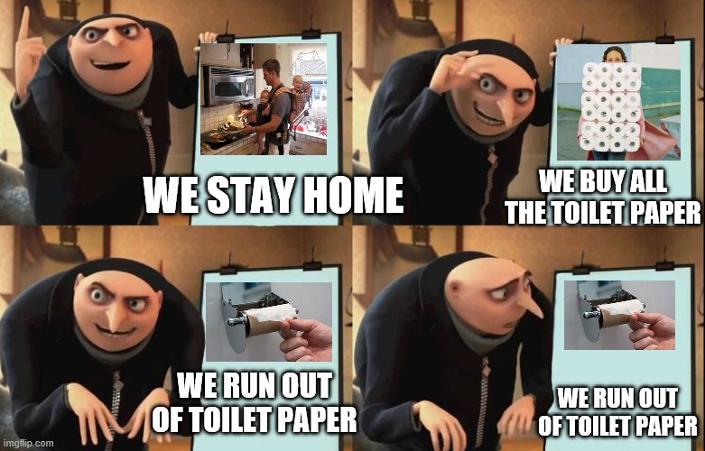 Gru's Plan Meme | WE BUY ALL THE TOILET PAPER; WE STAY HOME; WE RUN OUT OF TOILET PAPER; WE RUN OUT OF TOILET PAPER | image tagged in despicable me diabolical plan gru template | made w/ Imgflip meme maker