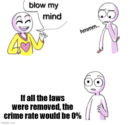 Blow my mind | If all the laws were removed, the crime rate would be 0% | image tagged in blow my mind | made w/ Imgflip meme maker