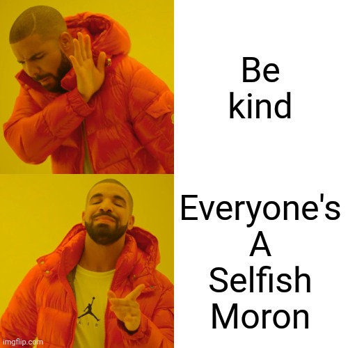Drake Hotline Bling | Be kind; Everyone's
A
Selfish
Moron | image tagged in memes,drake hotline bling | made w/ Imgflip meme maker