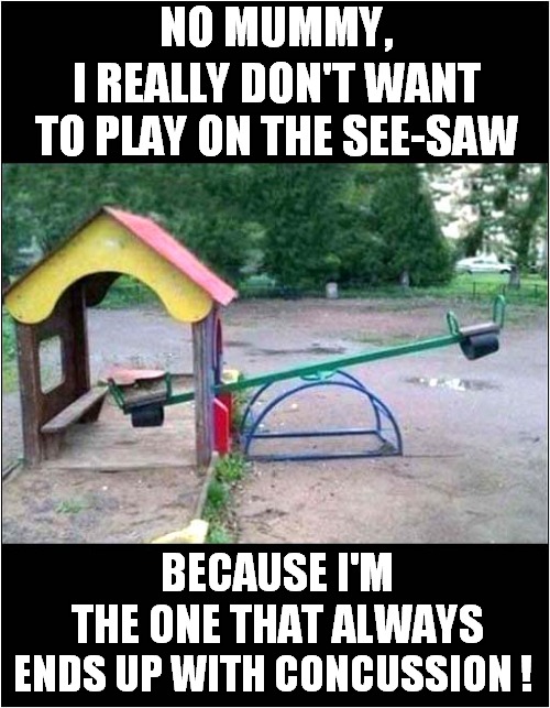 Playground Fun ? | NO MUMMY, I REALLY DON'T WANT TO PLAY ON THE SEE-SAW; BECAUSE I'M THE ONE THAT ALWAYS; ENDS UP WITH CONCUSSION ! | image tagged in fun,playground,concussion | made w/ Imgflip meme maker