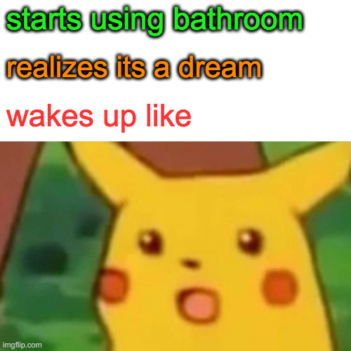 Surprised Pikachu Meme | starts using bathroom realizes its a dream wakes up like | image tagged in memes,surprised pikachu | made w/ Imgflip meme maker