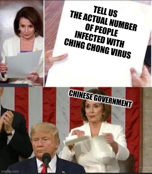 Nancy Pelosi tears speech | TELL US THE ACTUAL NUMBER OF PEOPLE INFECTED WITH CHING CHONG VIRUS; CHINESE GOVERNMENT | image tagged in nancy pelosi tears speech,memes,funny memes,funny,coronavirus,china | made w/ Imgflip meme maker