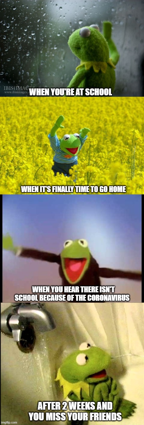 WHEN YOU'RE AT SCHOOL; WHEN IT'S FINALLY TIME TO GO HOME; WHEN YOU HEAR THERE ISN'T SCHOOL BECAUSE OF THE CORONAVIRUS; AFTER 2 WEEKS AND YOU MISS YOUR FRIENDS | image tagged in kermit window,happy kermit | made w/ Imgflip meme maker