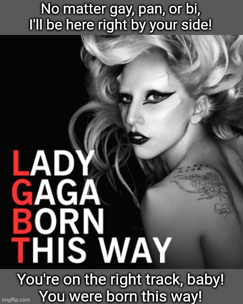 This does not exclude our friends on other parts of the spectrum, however. (Gay pan and bi are just what worked in the song) | No matter gay, pan, or bi,
I'll be here right by your side! You're on the right track, baby!
You were born this way! | image tagged in lgbt,lgbtq,lady gaga,support | made w/ Imgflip meme maker