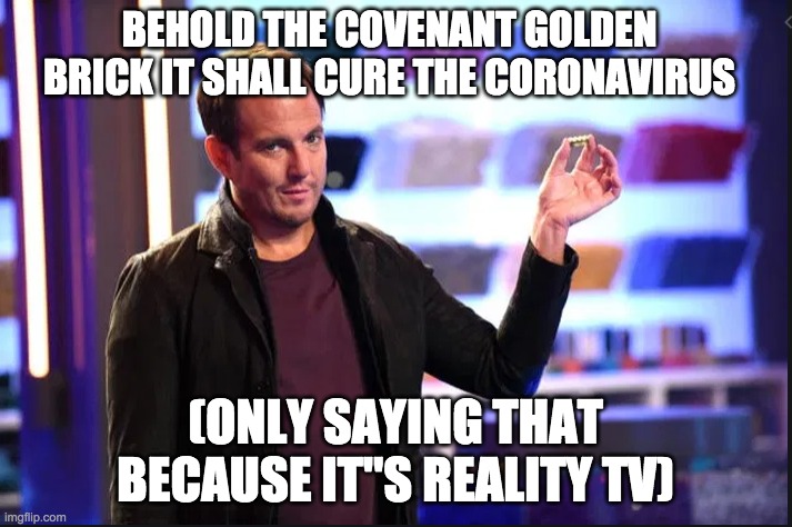 golden brick | BEHOLD THE COVENANT GOLDEN BRICK IT SHALL CURE THE CORONAVIRUS; (ONLY SAYING THAT BECAUSE IT"S REALITY TV) | image tagged in will arnett covenant golden brick,golden brick | made w/ Imgflip meme maker