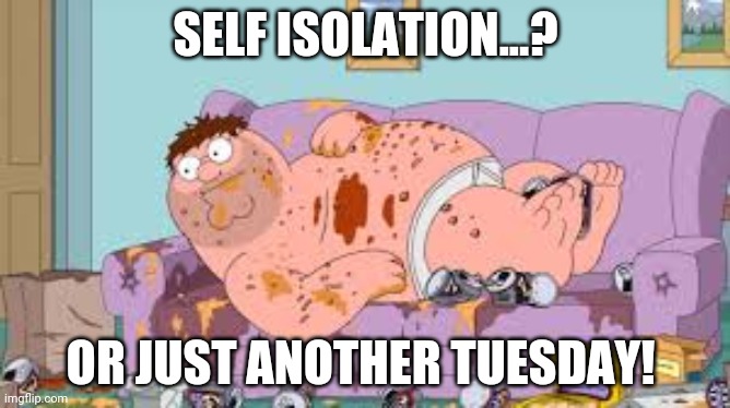 peter griffin fused to couch | SELF ISOLATION...? OR JUST ANOTHER TUESDAY! | image tagged in peter griffin fused to couch | made w/ Imgflip meme maker