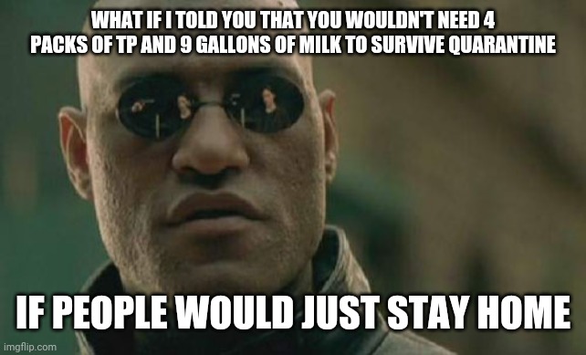 Matrix Morpheus Meme | WHAT IF I TOLD YOU THAT YOU WOULDN'T NEED 4 PACKS OF TP AND 9 GALLONS OF MILK TO SURVIVE QUARANTINE; IF PEOPLE WOULD JUST STAY HOME | image tagged in memes,matrix morpheus | made w/ Imgflip meme maker