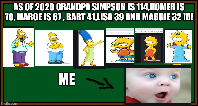 Bart Simpson - chalkboard |  AS OF 2020 GRANDPA SIMPSON IS 114,HOMER IS 70, MARGE IS 67 , BART 41,LISA 39 AND MAGGIE 32 !!!! ME | image tagged in bart simpson - chalkboard | made w/ Imgflip meme maker