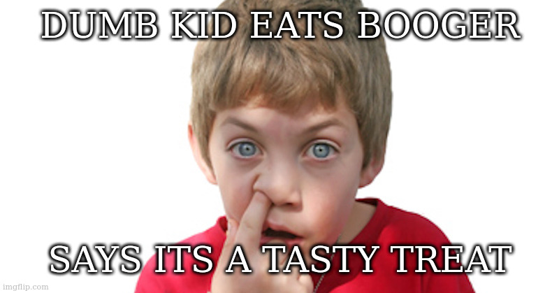 dumb kid | DUMB KID EATS BOOGER; SAYS ITS A TASTY TREAT | image tagged in dumb kid | made w/ Imgflip meme maker