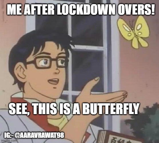 Is This A Pigeon Meme | ME AFTER LOCKDOWN OVERS! SEE, THIS IS A BUTTERFLY; IG:- @AARAVRAWAT98 | image tagged in memes,is this a pigeon | made w/ Imgflip meme maker