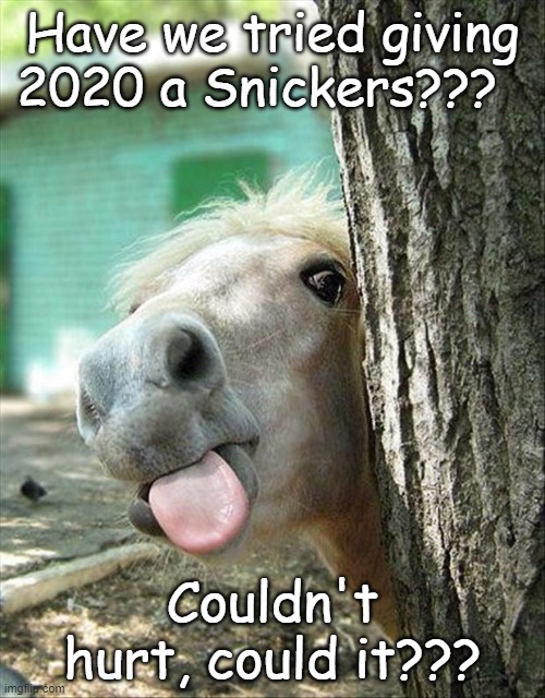 Snickers... | Have we tried giving 2020 a Snickers??? Couldn't hurt, could it??? | image tagged in 2020,try,snickers | made w/ Imgflip meme maker