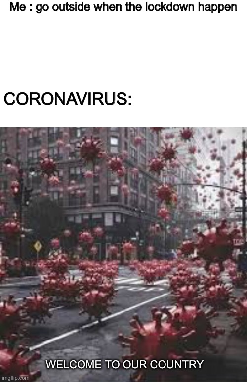 Stay in home or we’re gonna ruin ya life :) | Me : go outside when the lockdown happen; CORONAVIRUS:; WELCOME TO OUR COUNTRY | image tagged in coronavirus,funny,memes,funny memes,coronavirus meme | made w/ Imgflip meme maker