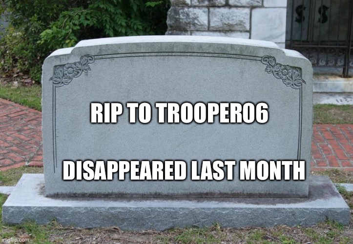 Gravestone | RIP TO TROOPER06; DISAPPEARED LAST MONTH | image tagged in gravestone | made w/ Imgflip meme maker
