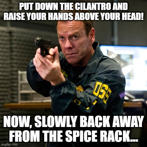 Cilantro is bad | PUT DOWN THE CILANTRO AND RAISE YOUR HANDS ABOVE YOUR HEAD! NOW, SLOWLY BACK AWAY FROM THE SPICE RACK... | image tagged in food,bad taste | made w/ Imgflip meme maker