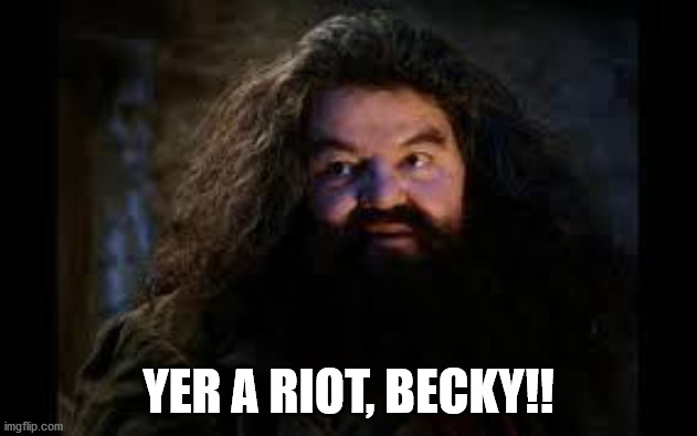 hagrid yer a wizard | YER A RIOT, BECKY!! | image tagged in hagrid yer a wizard | made w/ Imgflip meme maker