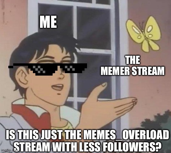 Is this the Memes_Overload stream |  ME; THE MEMER STREAM; IS THIS JUST THE MEMES_OVERLOAD STREAM WITH LESS FOLLOWERS? | image tagged in memes,is this a pigeon | made w/ Imgflip meme maker
