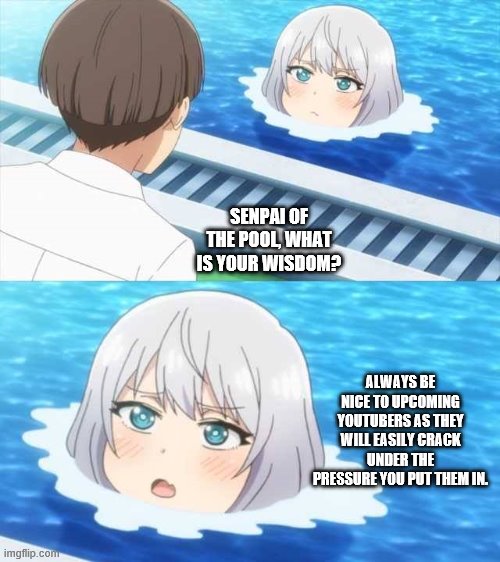 Senpai Of The Pool | SENPAI OF THE POOL, WHAT IS YOUR WISDOM? ALWAYS BE NICE TO UPCOMING YOUTUBERS AS THEY WILL EASILY CRACK UNDER THE PRESSURE YOU PUT THEM IN. | image tagged in senpai of the pool | made w/ Imgflip meme maker
