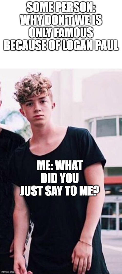 Things Limelights have to deal with #1 | SOME PERSON: WHY DON'T WE IS ONLY FAMOUS BECAUSE OF LOGAN PAUL; ME: WHAT DID YOU JUST SAY TO ME? | image tagged in jack avery,wdw,why dont we,limleights,jack,avery | made w/ Imgflip meme maker