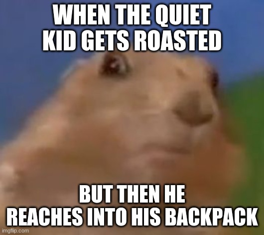 Suprised Chipmunk | WHEN THE QUIET KID GETS ROASTED; BUT THEN HE REACHES INTO HIS BACKPACK | image tagged in suprised chipmunk | made w/ Imgflip meme maker