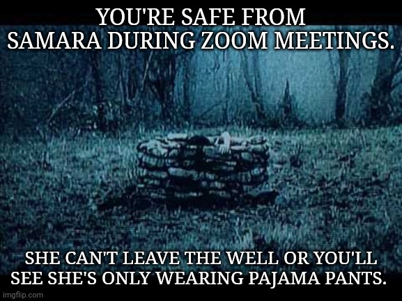 The Ring During Zoom | YOU'RE SAFE FROM SAMARA DURING ZOOM MEETINGS. SHE CAN'T LEAVE THE WELL OR YOU'LL SEE SHE'S ONLY WEARING PAJAMA PANTS. | image tagged in funny | made w/ Imgflip meme maker
