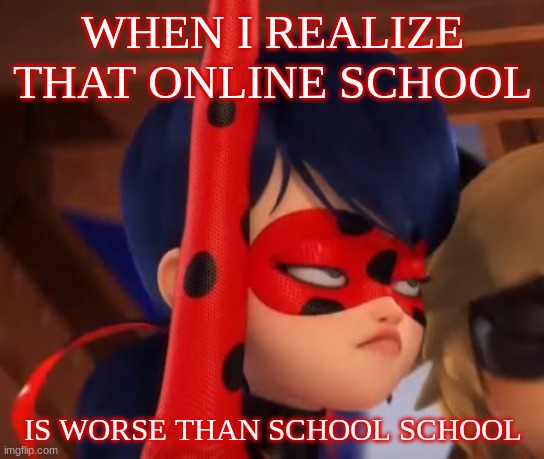 Grumpy Miraculous | WHEN I REALIZE THAT ONLINE SCHOOL; IS WORSE THAN SCHOOL SCHOOL | image tagged in grumpy miraculous | made w/ Imgflip meme maker