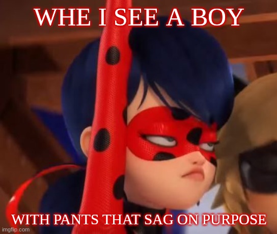 Grumpy Miraculous | WHE I SEE A BOY; WITH PANTS THAT SAG ON PURPOSE | image tagged in grumpy miraculous | made w/ Imgflip meme maker