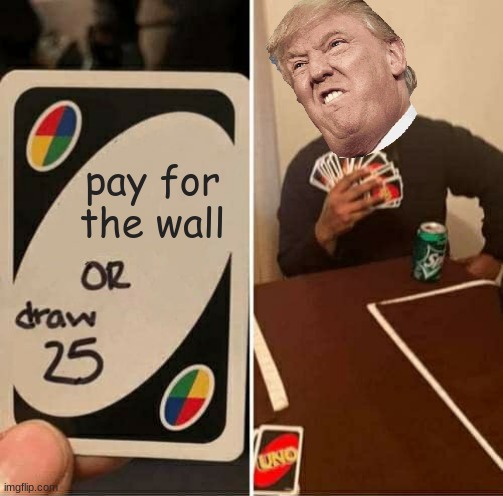 UNO Draw 25 Cards Meme | pay for the wall | image tagged in memes,uno draw 25 cards,donald trump,trump wall,politics | made w/ Imgflip meme maker