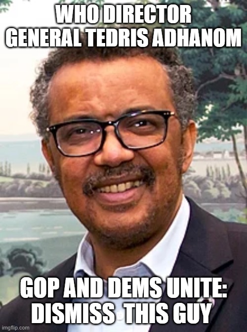 All unite in getting this guy out of WHO | WHO DIRECTOR GENERAL TEDRIS ADHANOM; GOP AND DEMS UNITE: DISMISS  THIS GUY | image tagged in who,democrats,republicans | made w/ Imgflip meme maker