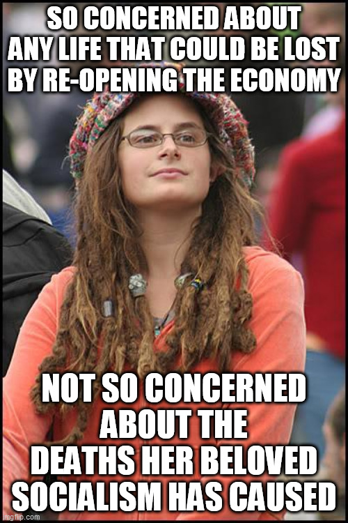 College Liberal | SO CONCERNED ABOUT ANY LIFE THAT COULD BE LOST BY RE-OPENING THE ECONOMY; NOT SO CONCERNED ABOUT THE DEATHS HER BELOVED SOCIALISM HAS CAUSED | image tagged in memes,college liberal | made w/ Imgflip meme maker