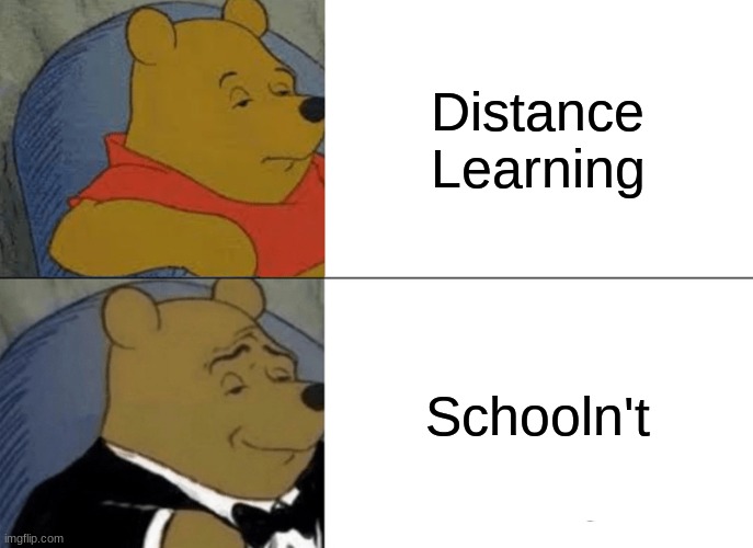 Tuxedo Winnie The Pooh | Distance Learning; Schooln't | image tagged in memes,tuxedo winnie the pooh | made w/ Imgflip meme maker