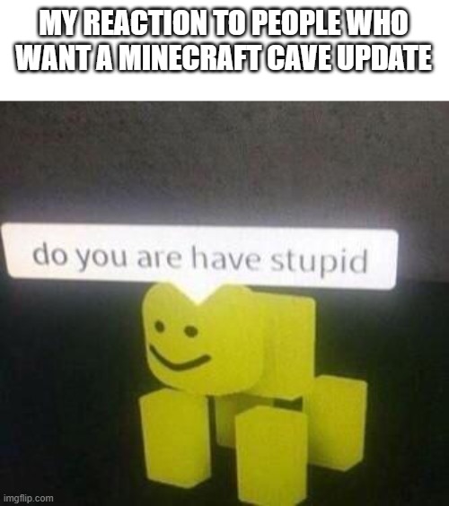 do you are have stupid | MY REACTION TO PEOPLE WHO WANT A MINECRAFT CAVE UPDATE | image tagged in do you are have stupid | made w/ Imgflip meme maker