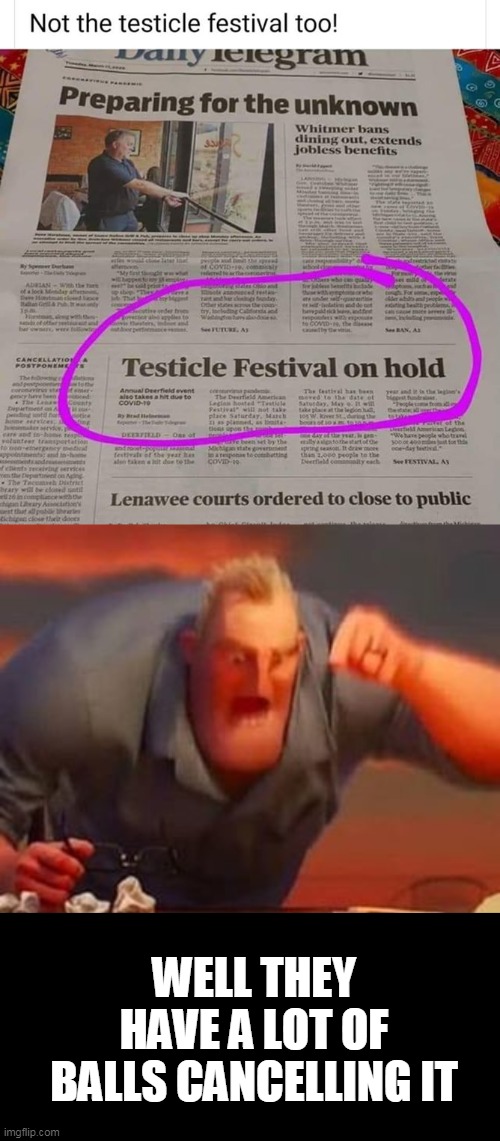 have a ball | WELL THEY HAVE A LOT OF BALLS CANCELLING IT | image tagged in mr incredible mad,testicles,festival | made w/ Imgflip meme maker